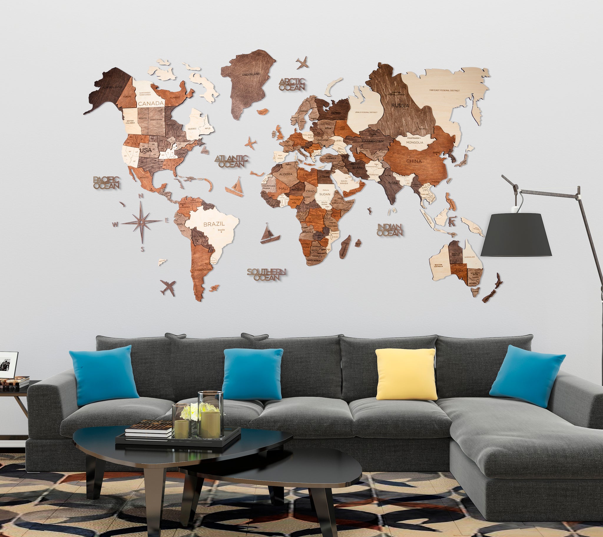 3D Wooden World Map - Living Room (multicolor)